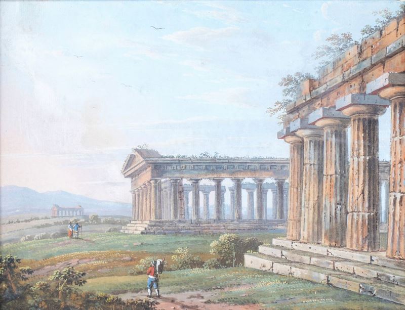 Pittore del XIX Secolo - Veduta dei Templi di Paestum