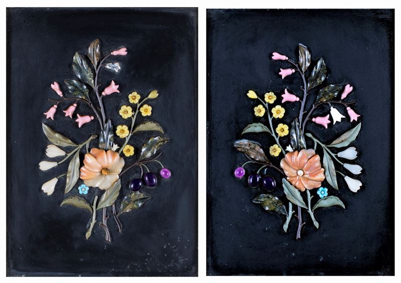Scuola Toscana del XIX Secolo - Coppia di Placche di Marmo Nero con Applicazioni in Pietre Dure, ...