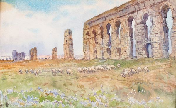 Campagna romana con gregge e i resti dell&#39;acquedotto Claudio