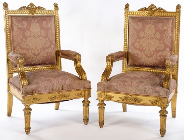 Coppia di poltrone in legno dorato, prima met&#224; del XIX secolo  - Asta Fine Antiques e Tappeti - Casa d'Aste Arcadia