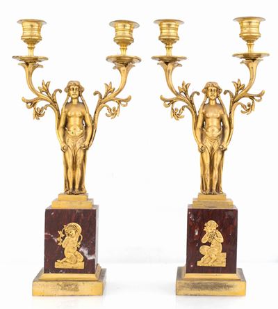 Coppia di Candelieri in Bronzo Dorato a Due Luci, Francia, XIX Secolo