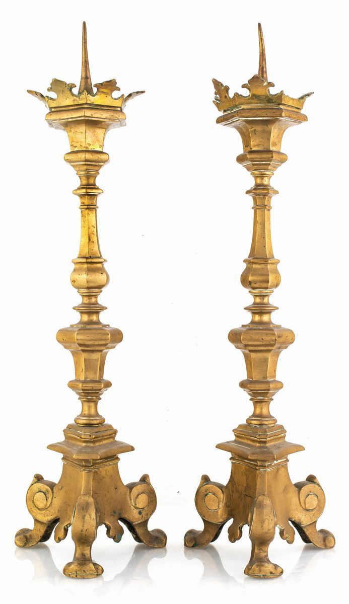 Coppia di Torciere in Bronzo Dorato, XVII Secolo