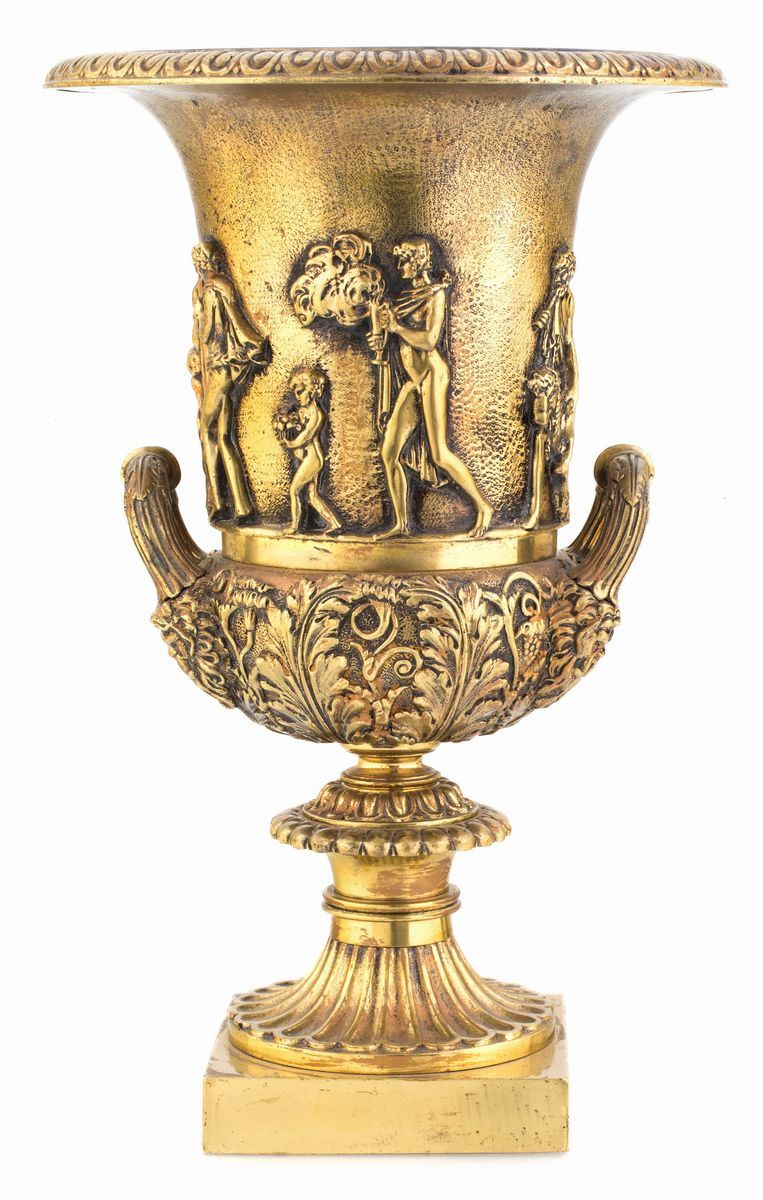 Vaso a Cratere in Bronzo Dorato, Francia, XIX Secolo