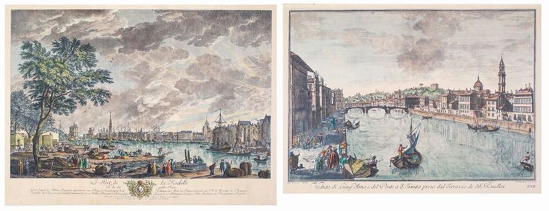 A) il Porto di la Rochelle (da Joseph Vernet) B) Veduta di Lungarno e del Ponte a S. Trinita Pres...