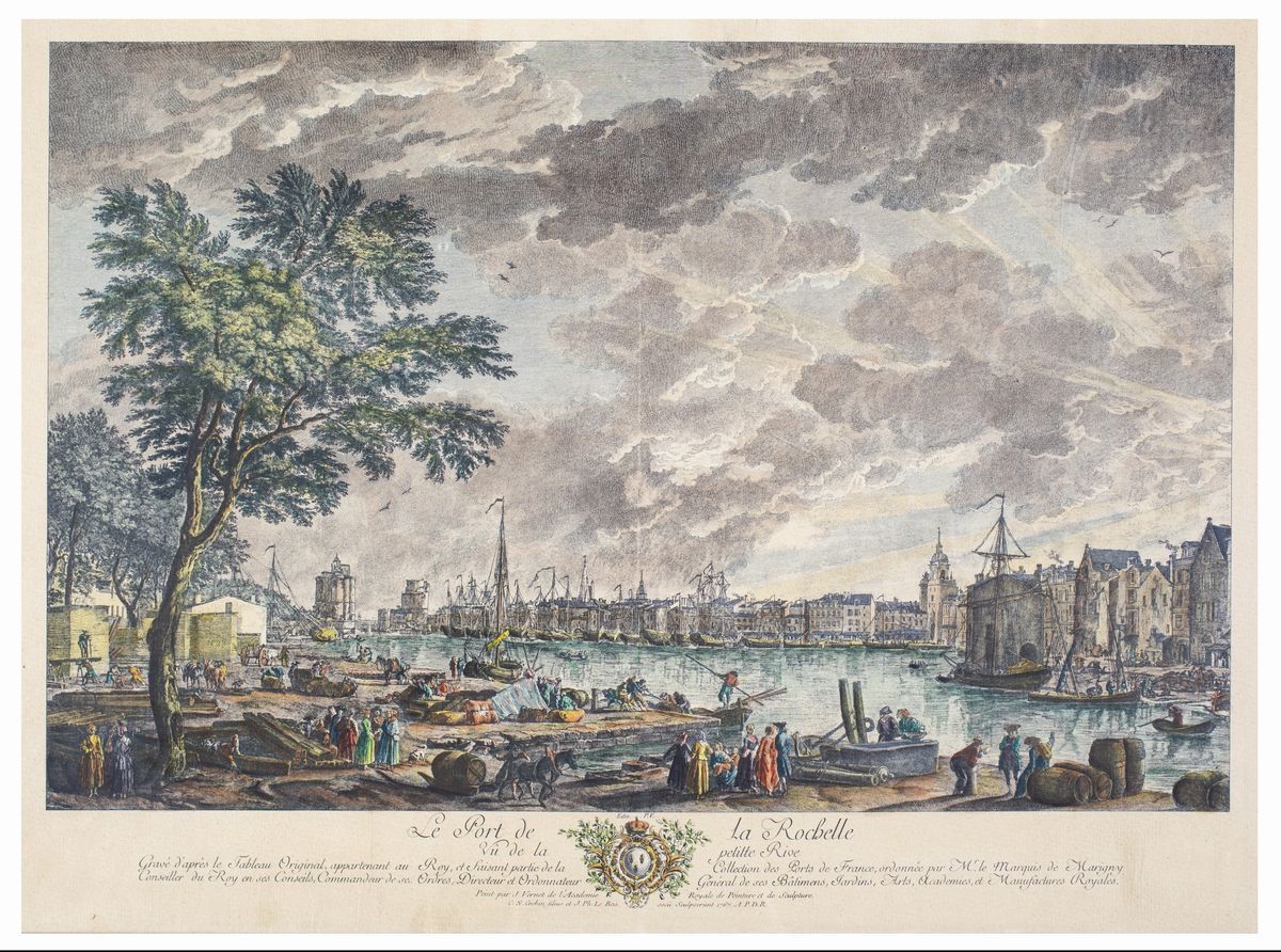 A) il Porto di la Rochelle (da Joseph Vernet) B) Veduta di Lungarno e del Ponte a S. Trinita Pres...