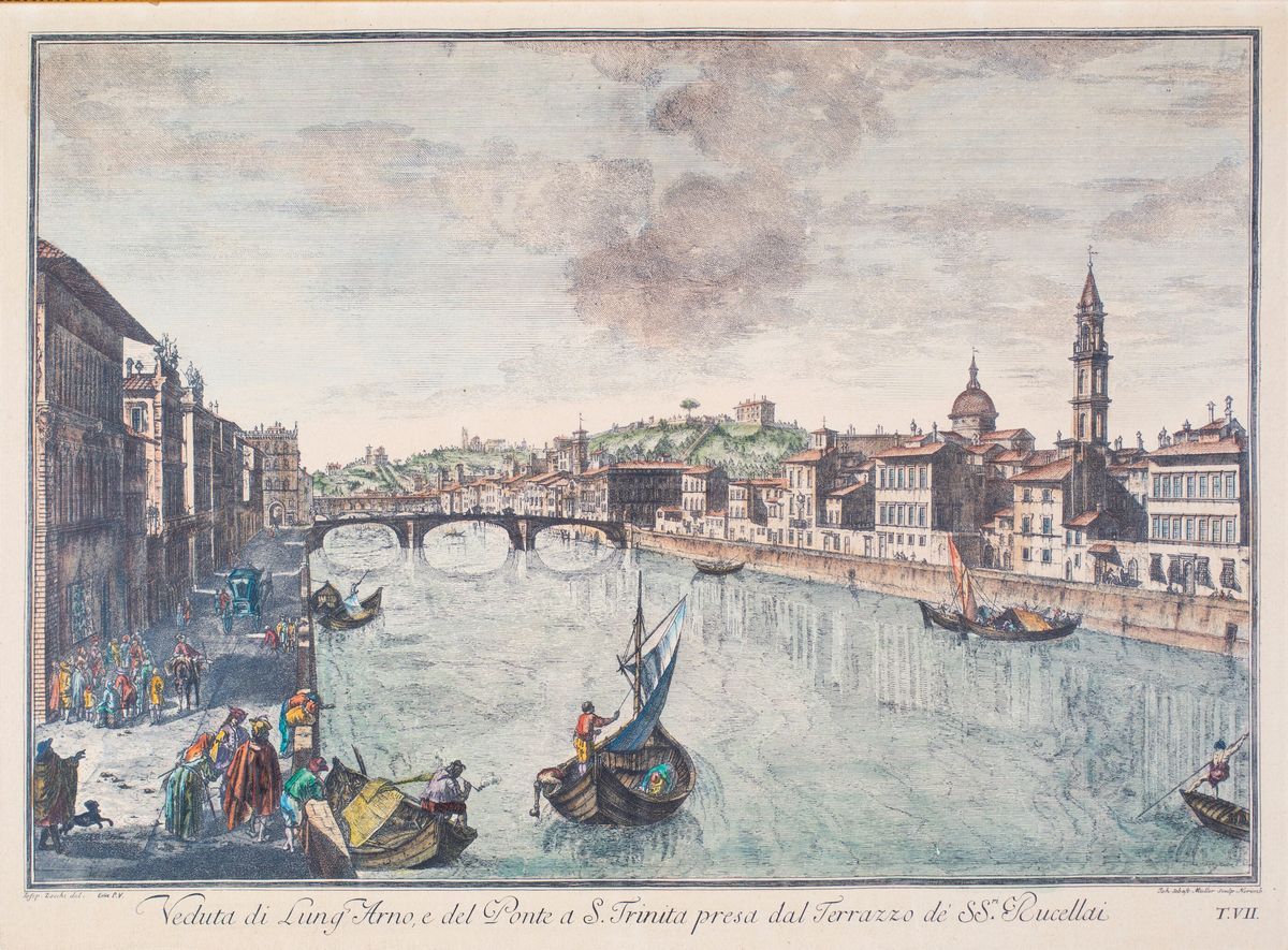 A) il Porto di la Rochelle (da Joseph Vernet) B) Veduta di Lungarno e del Ponte a S. Trinita Pres...