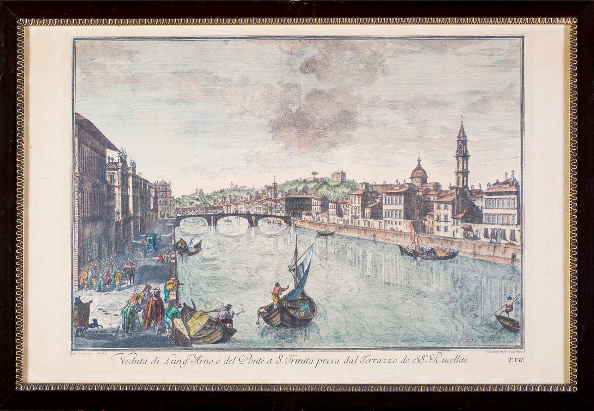 A) il Porto di la Rochelle (da Joseph Vernet) B) Veduta di Lungarno e del Ponte a S. Trinita Pres...