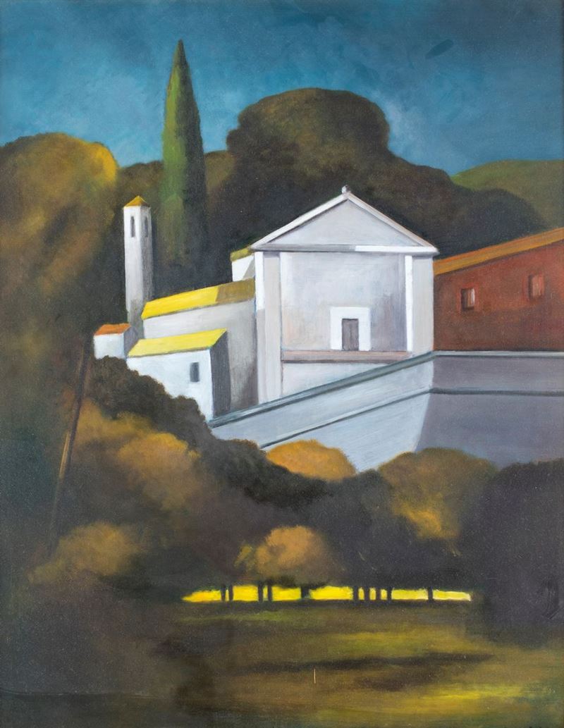 Pittore del XX Secolo - Scorcio di Paesaggio con Chiesetta Bianca