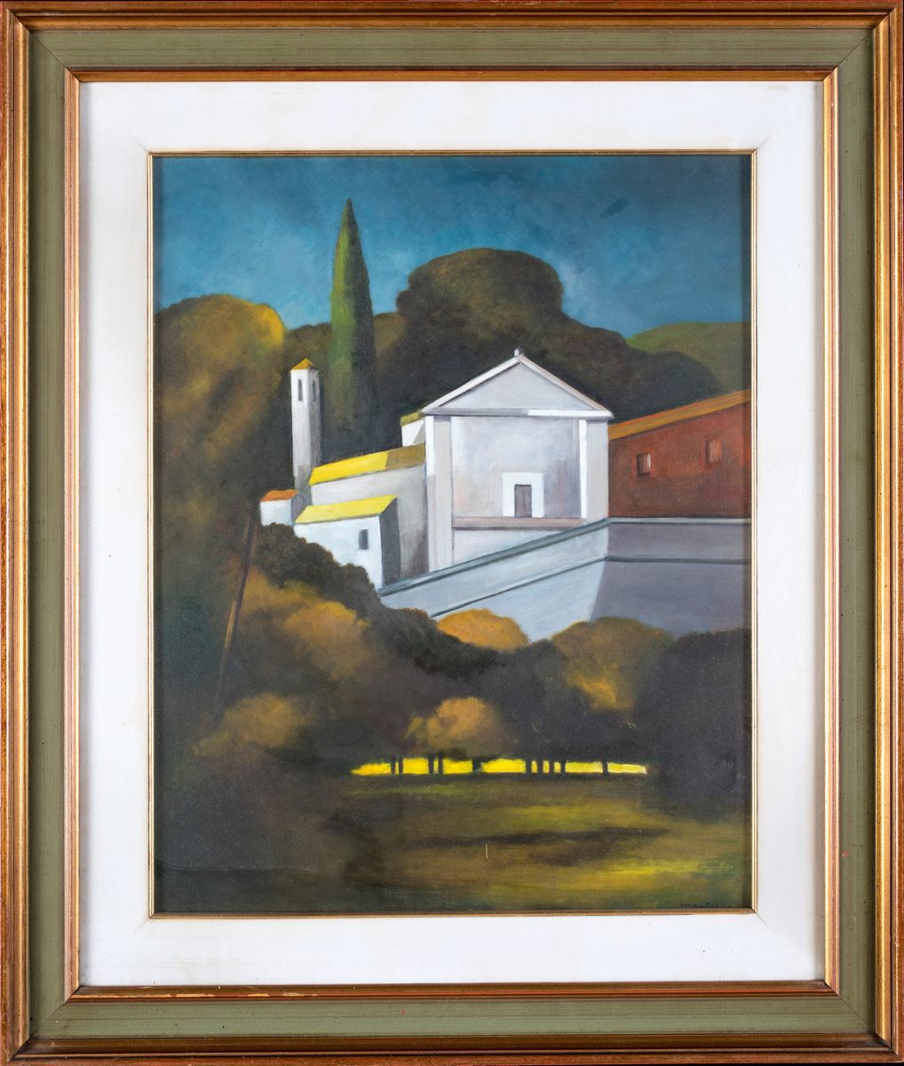 Pittore del XX Secolo - Scorcio di Paesaggio con Chiesetta Bianca