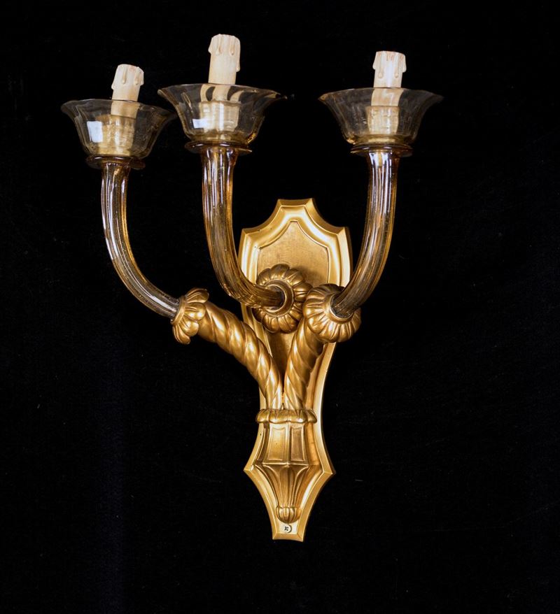 Applique in Bronzo Dorato a Tre Luci, Prima Metà del XX Secolo