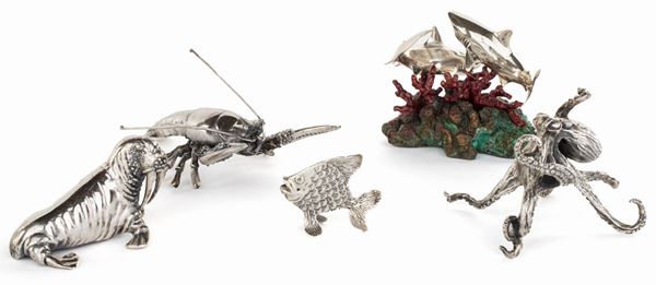 Lotto composto da cinque animali in miniatura in argento