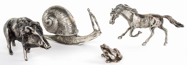Lotto composto da quattro animali in miniatura in argento