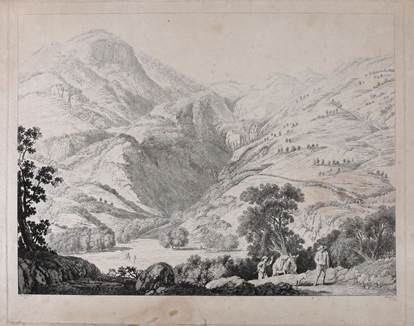 Balthasar Anton Dunker : Paesaggio svizzero con figure di viandanti (da un dipinto di Jacob Philipp Hackert)  - acquaforte - Asta Asta a tempo - Antiquariato - Casa d'Aste Arcadia