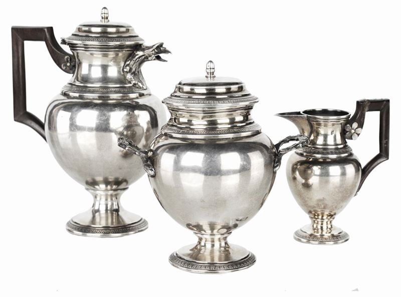 Caffettiera, Lattiera e Zuccheriera in Argento, Francia, Dopo il 1838
