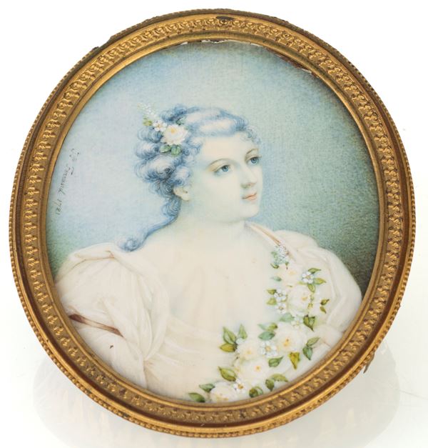 Ritratto in miniatura di Marie Madeleine de La Vieuville, marchesa di Parabère  - tempera su avorio a sesto ovale  - Asta Asta a tempo - Antiquariato - Casa d'Aste Arcadia