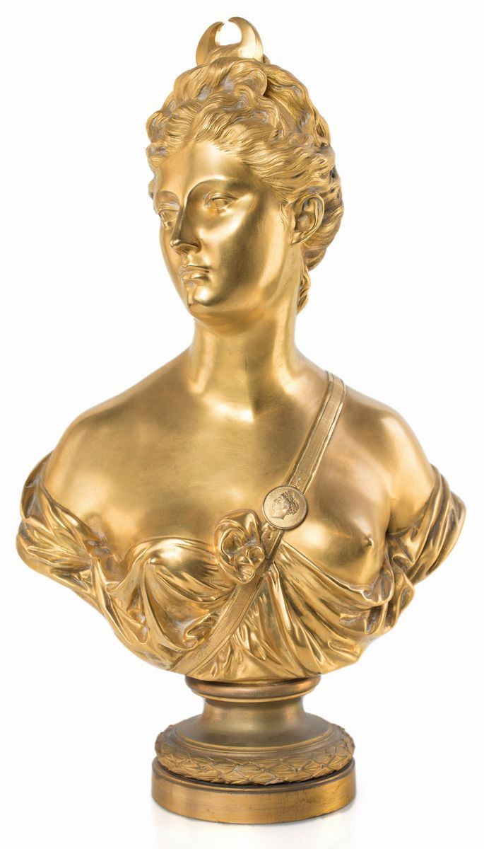 Jean Bulio - Busto in Bronzo Dorato di Diana Cacciatrice da Jean Antoine Houdon, Fine del XIX Sec...