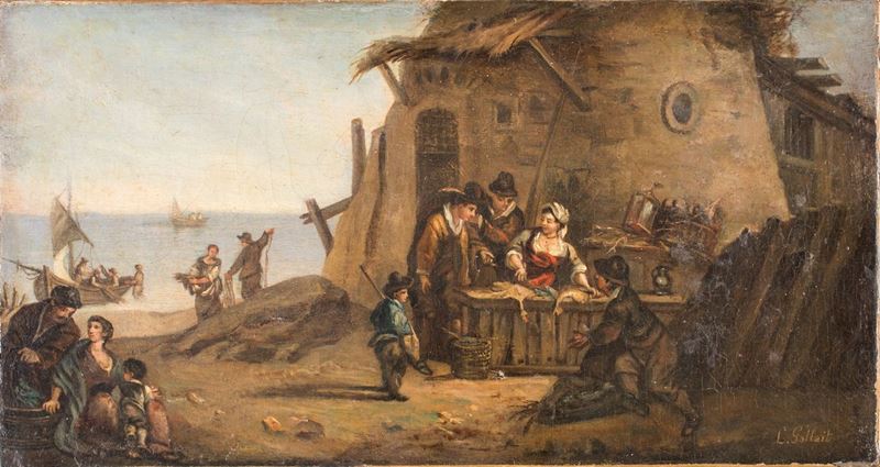 Louis Gallait - Scorcio di Villaggio con Scena di Mercato