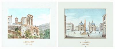 A) Tempio di Vesta a Tivoli B) Veduta di Piazza del Popolo