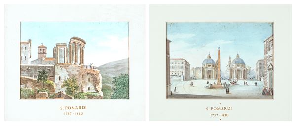 Simone Pomardi - a) Tempio di Vesta a Tivoli  b) Veduta di Piazza del Popolo