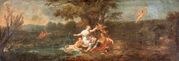 Pittore del XVIII secolo - Paesaggio fluviale con Rinaldo e Armida