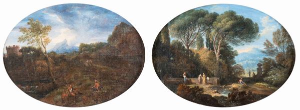 Jan Frans van Bloemen (cerchia) - a) Paesaggio con figure  b) Paesaggio fluviale con donne al fontanile