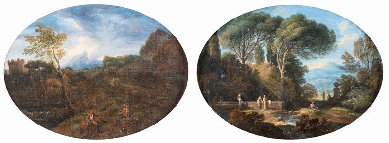 Jan Frans Van Bloemen (cerchia) - A) Paesaggio con Figure B) Paesaggio Fluviale con Donne al Font...