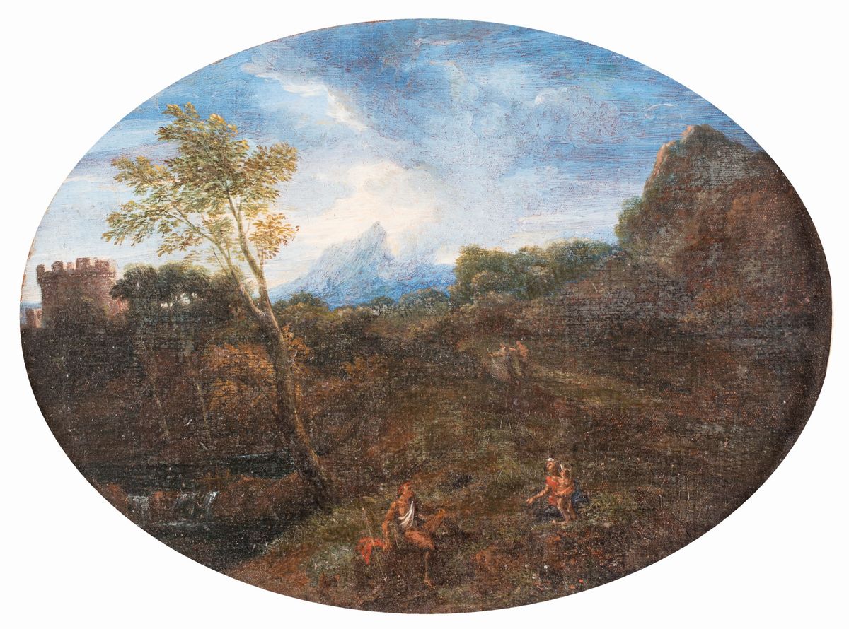 Jan Frans Van Bloemen (cerchia) - A) Paesaggio con Figure B) Paesaggio Fluviale con Donne al Font...