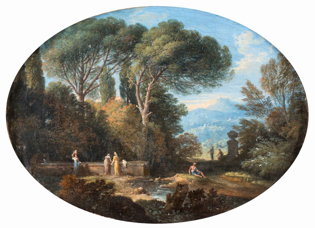 Jan Frans Van Bloemen (cerchia) - A) Paesaggio con Figure B) Paesaggio Fluviale con Donne al Font...