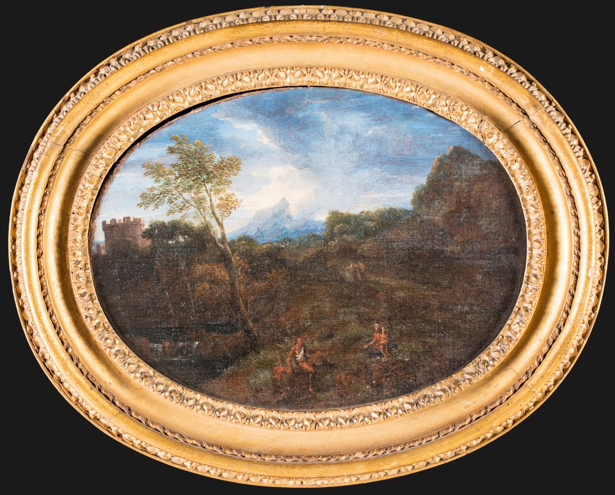 Jan Frans Van Bloemen (cerchia) - A) Paesaggio con Figure B) Paesaggio Fluviale con Donne al Font...