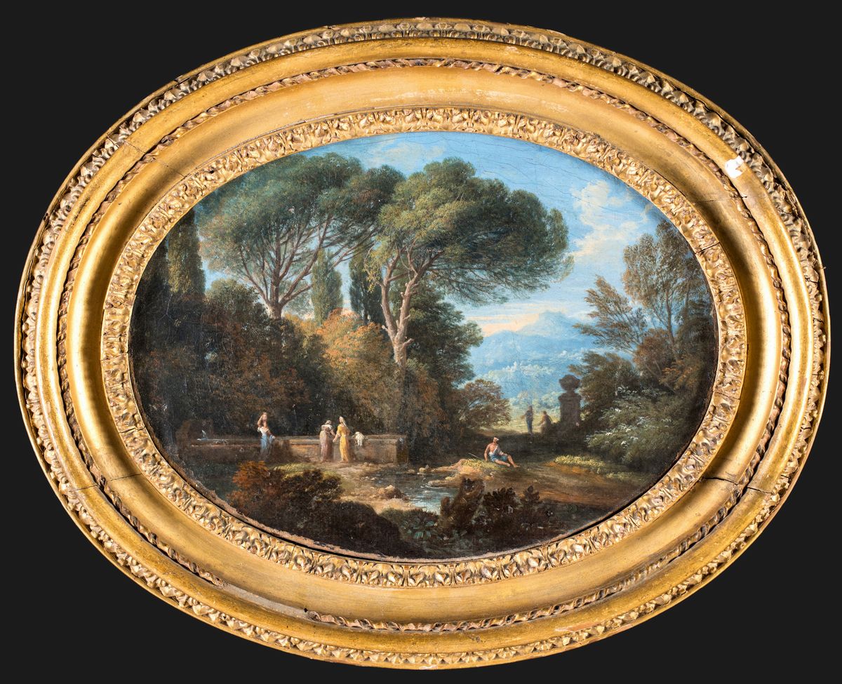 Jan Frans Van Bloemen (cerchia) - A) Paesaggio con Figure B) Paesaggio Fluviale con Donne al Font...