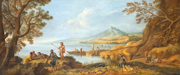 Scuola Romana del XVIII secolo - Paesaggio costiero con pescatori