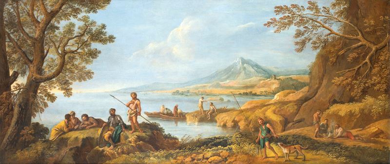 Scuola Romana del XVIII Secolo - Paesaggio Costiero con Pescatori
