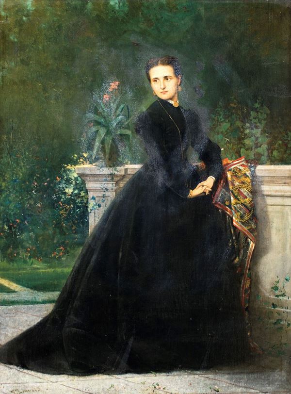 Pittore del XIX secolo - Ritratto di giovane donna in un giardino