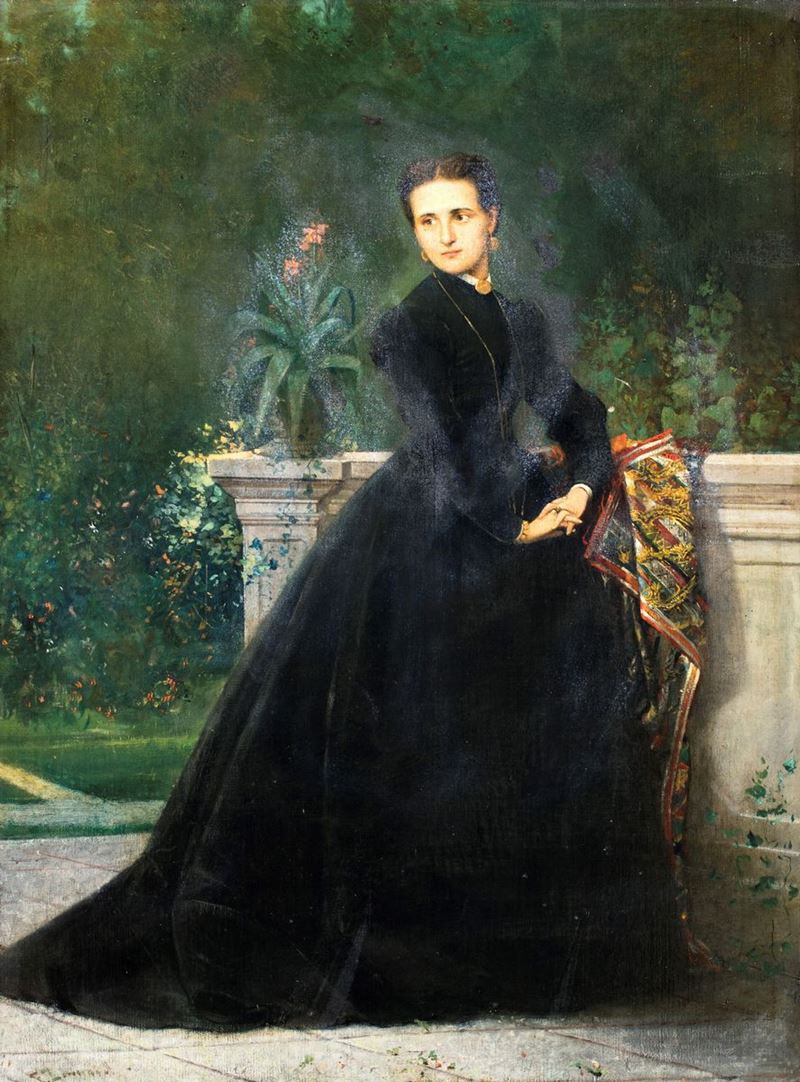 Pittore del XIX Secolo - Ritratto di Giovane Donna in un Giardino