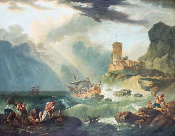 Claude Joseph Vernet (cerchia ) - Paesaggio marino in burrasca