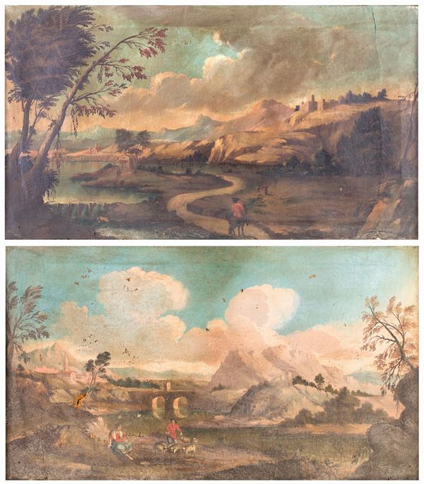 Alessio  De Marchis (attribuito) - a) Paesaggio con viandante  b) Paesaggio bucolico con figure