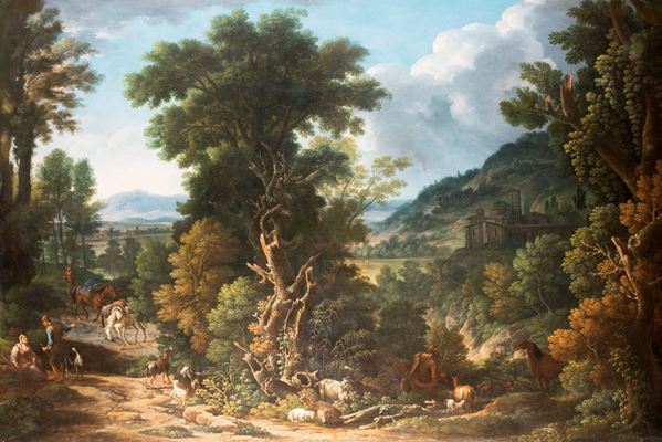 Pittore romano del XVII secolo - Paesaggio con cavalieri e greggi