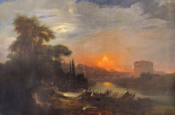 Pittore degli inizi del XIX secolo - Veduta di Roma e tramonto sulla Basilica Vaticana