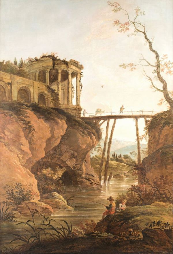 Pittore del XVIII secolo - Scorcio di Tivoli con i resti del tempio di Vesta e il fiume Aniene