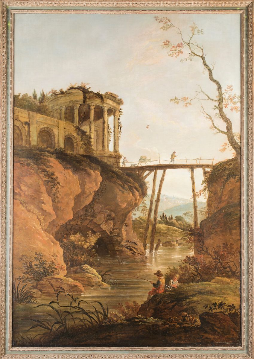 Pittore del XVIII Secolo - Scorcio di Tivoli con i Resti del Tempio di Vesta e il Fiume Aniene