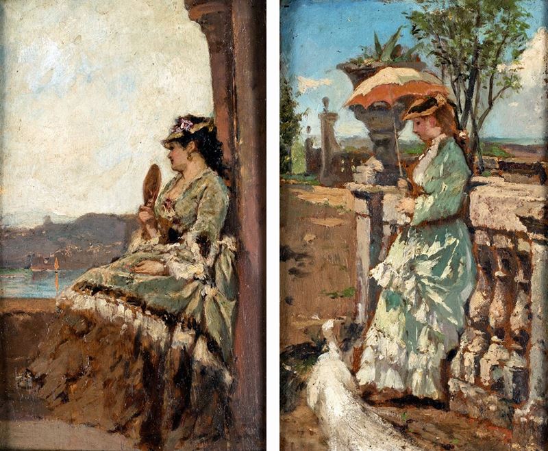 Scuola Europea del XIX Secolo - A) Figura Femminile con Ombrellino B) Donna con Ventaglio