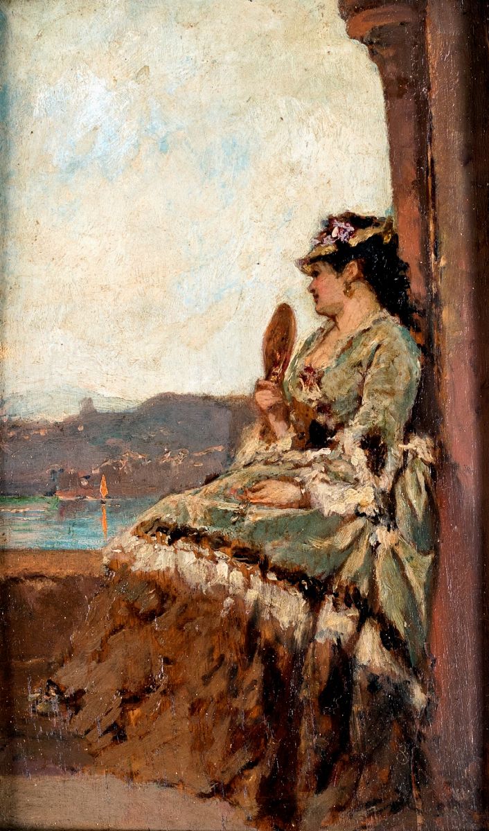 Scuola Europea del XIX Secolo - A) Figura Femminile con Ombrellino B) Donna con Ventaglio