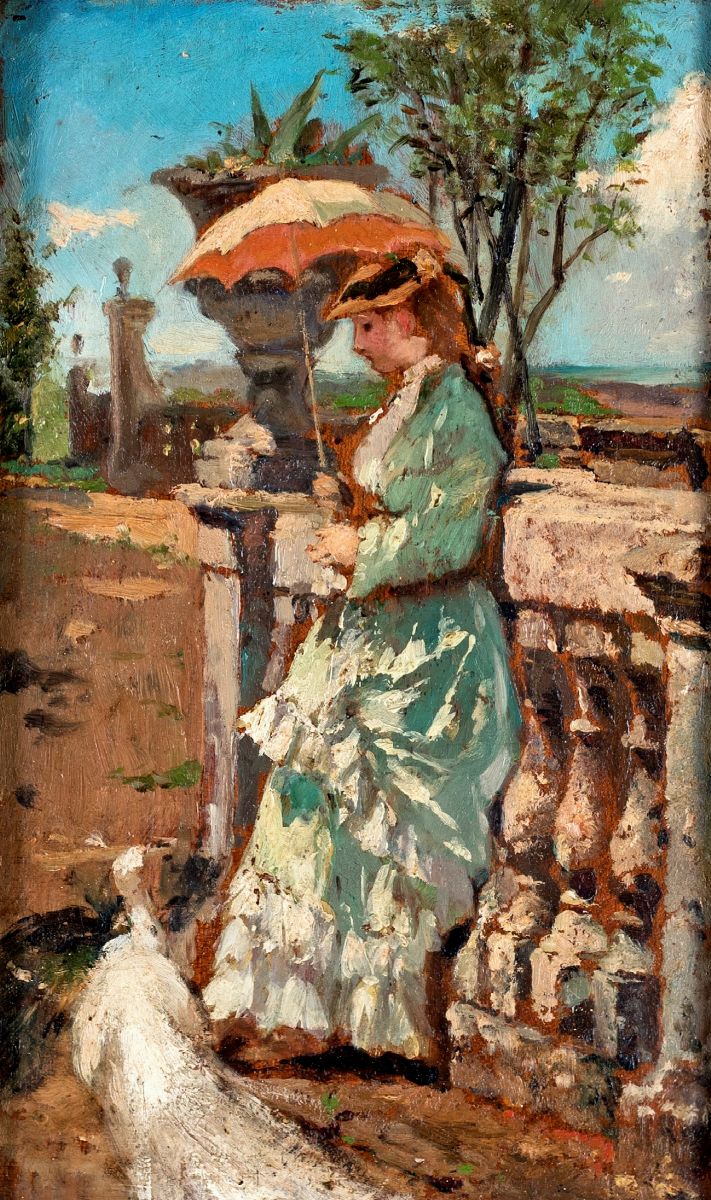 Scuola Europea del XIX Secolo - A) Figura Femminile con Ombrellino B) Donna con Ventaglio