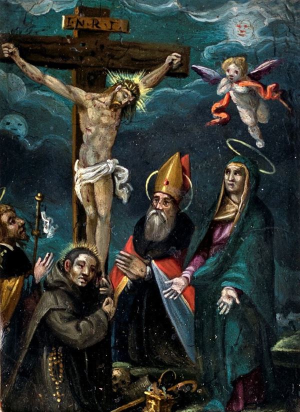 Scuola europea, fine XVII/inizio XVIII secolo - Cristo crocifisso con la Vergine e Santi
