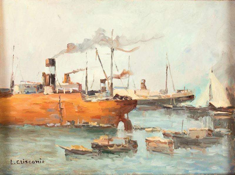 Luigi Crisconio - Marina con Battello a Vapore