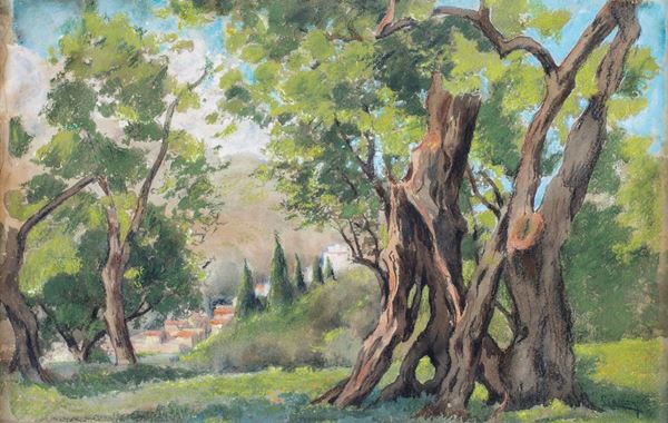 Giuseppe Cecconi - Paesaggio boschivo con scorcio di paese in lontananza