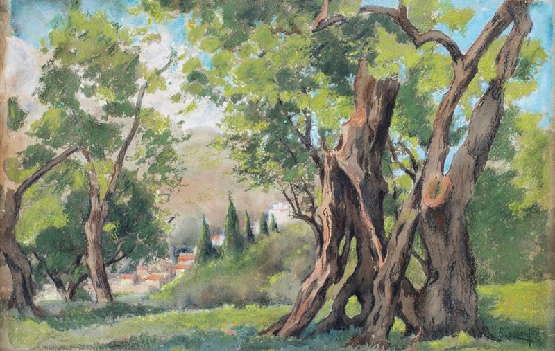 Giuseppe Cecconi - Paesaggio Boschivo con Scorcio di Paese in Lontananza