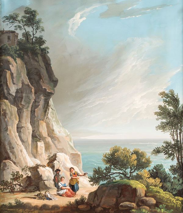 Salvatore Fergola - Marina con figure femminili e pescatore