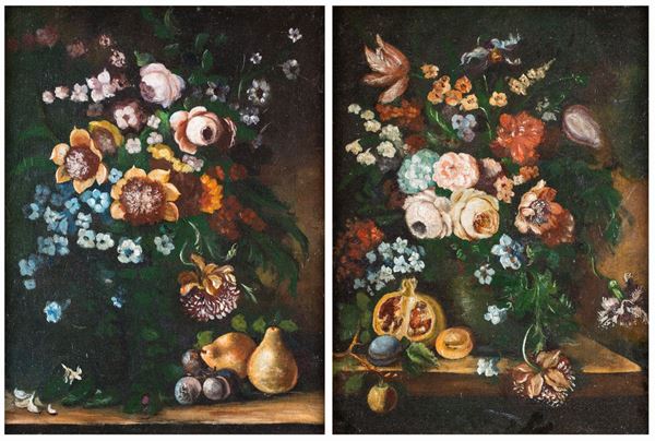Pittore del XIX secolo - a) Natura morta di fiori e pere  b) Natura morta di fiori e melagrane
