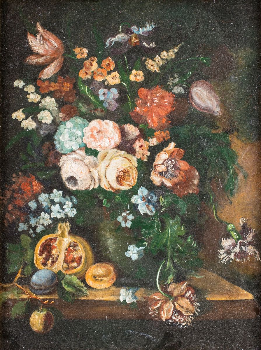 Pittore del XIX Secolo - A) Natura Morta di Fiori e Pere B) Natura Morta di Fiori e Melagrane